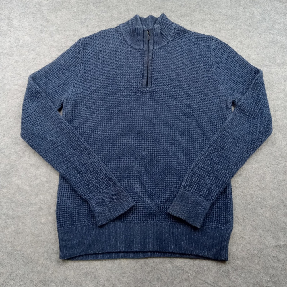 Eddie Bauer Sweater Mens Medium Blue Quarter Zip Mock Neck Waffle Knit Cotton‎